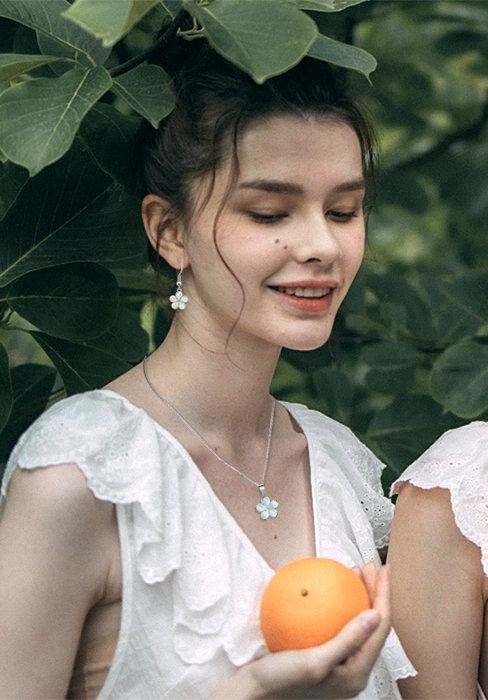 Flower Pendant Necklace for Women Girls Opal Sterling Silver Plated Hawaiian Plumeria Flower Jewelry