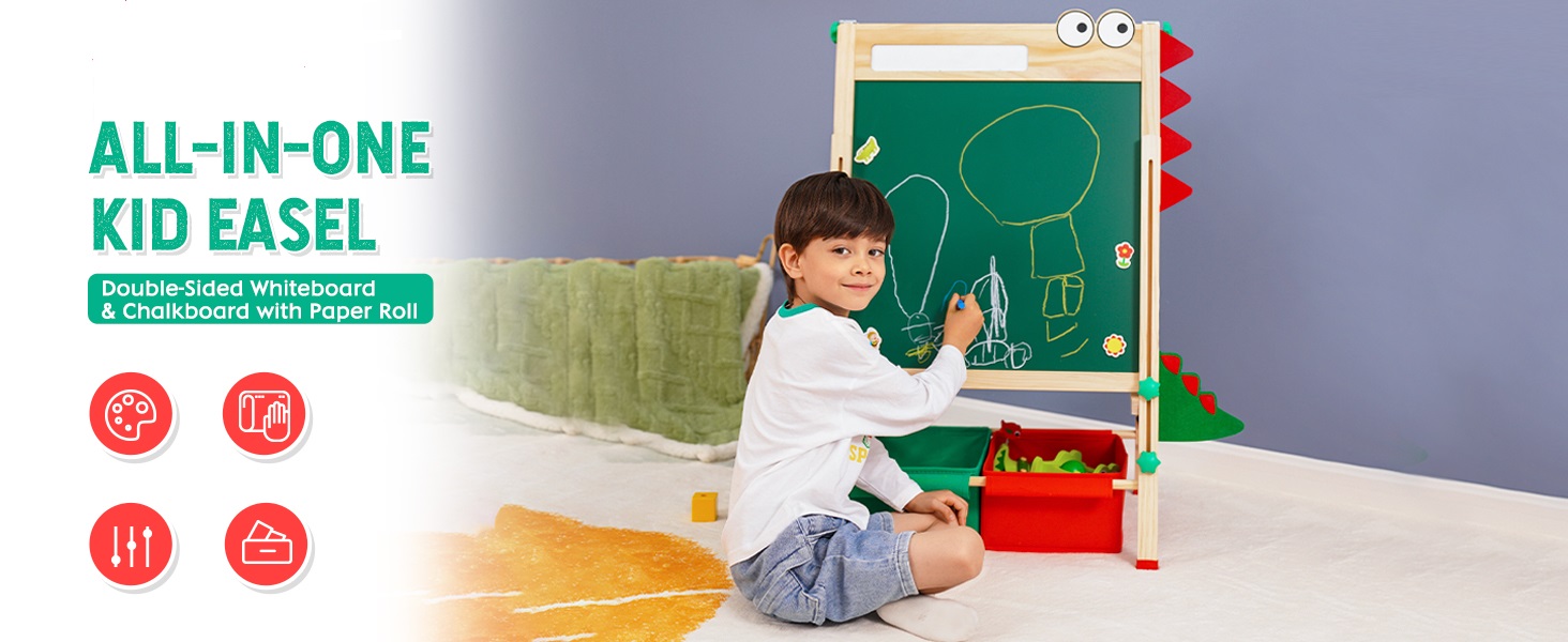 Kids Easel with Paper Roll DoubleSided Whiteboard & Blackboard
