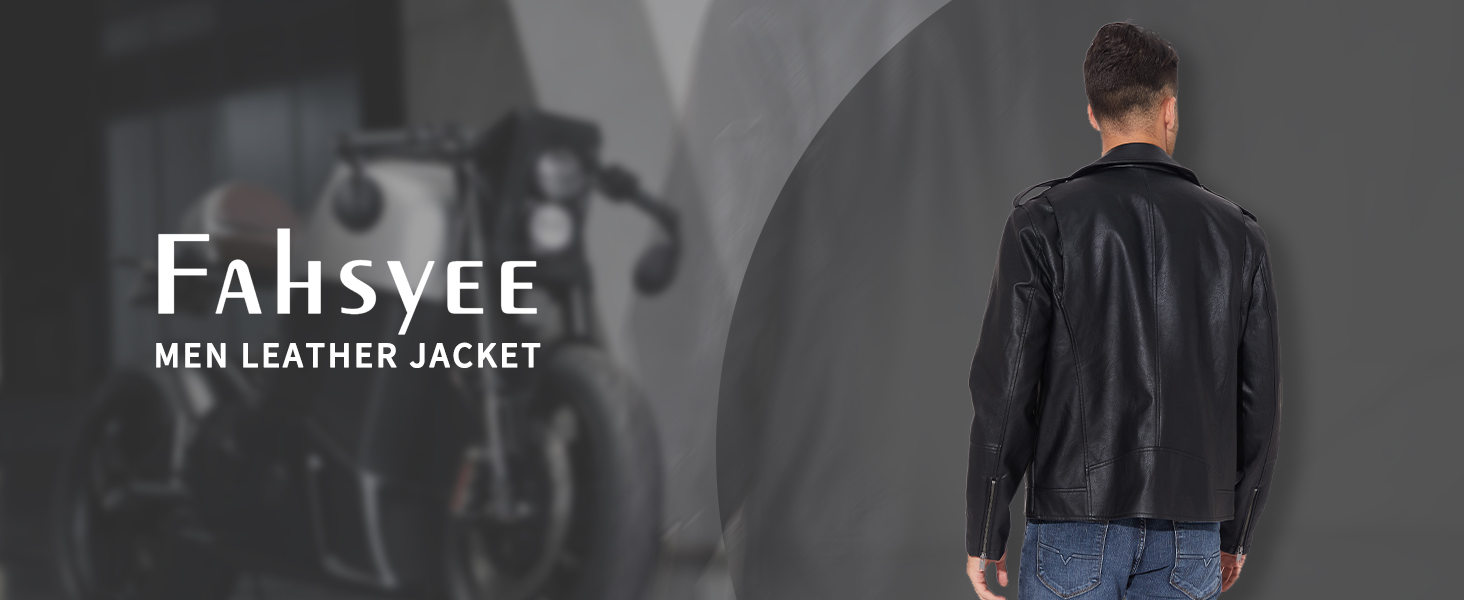 Rückansicht eines Mannes mit schwarzer Lederjacke. Der Text „Fahsyee HERREN-LEDERJACKE