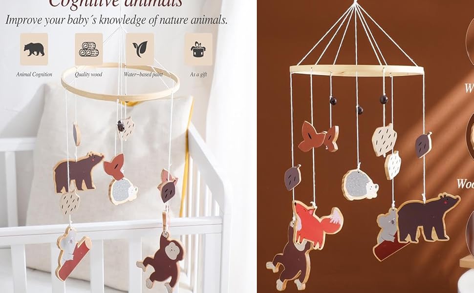 Babymobil mit hängenden Waldtierformen. Es werden zwei Versionen gezeigt: eine mit weißem Hintergrund, eine mit braunem Hintergrund. Verbessert das Wissen des Babys über Naturtiere.