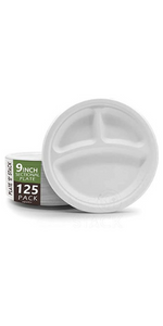 9 inch sectional 125 pack plastic free disposable plates in white