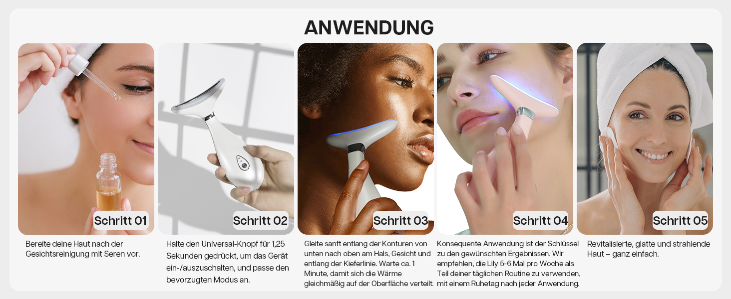 Bild mit fünf Panels, das verschiedene Schönheitsbehandlungen für das Gesicht zeigt: Creme auftragen, Gesichtsroller verwenden, Nasenstreifen, Gesichtsmaske und Ergebnis eines Lächelns