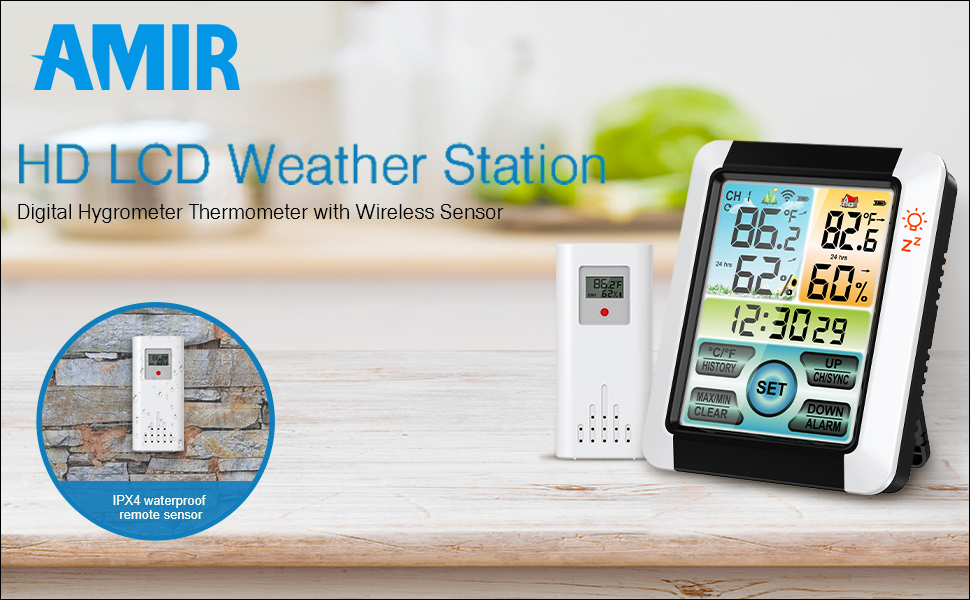 AMIR Indoor Outdoor Thermometer Hygrometer Alarm Clock with Snooze