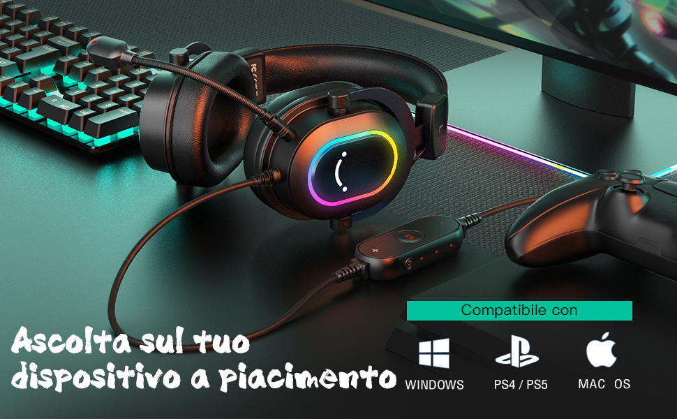 FIFINE Cuffie Gaming PC 7.1 Surround, Cuffie con Microfono per PS4 PS5, Cuffie con Filo con 3