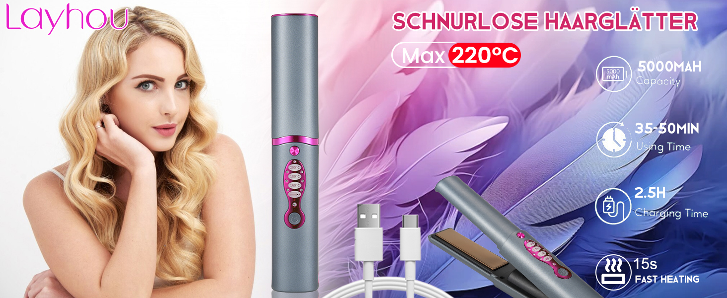Professionele haarstylingtool met temperatuurregeling van 220°C, met productspecificaties en stylingresultaten op een roze-paarse