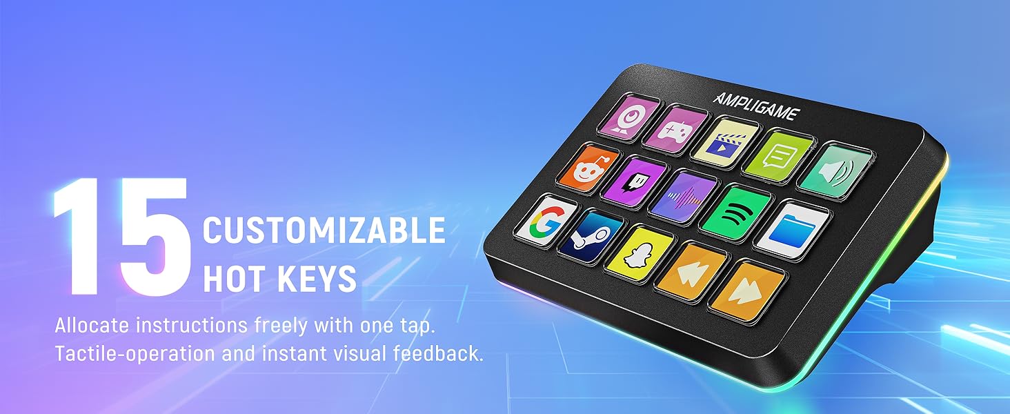 Digital control panel with 15 customizable hot keys featuring colorful backlit buttons arranged in a grid on a black device against blue background.