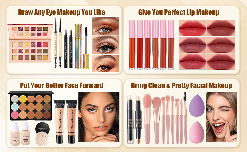 Guía de tutoriales de maquillaje que muestra paletas de sombras de ojos, colores de labios y herramientas de belleza con instrucciones de aplicación paso a paso en varios paneles.