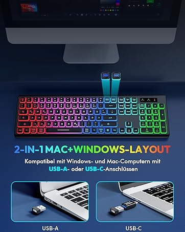 Tastatur Maus Set Kabellos Beleuchtete, wiederaufladbar & Automatischer Schlaf