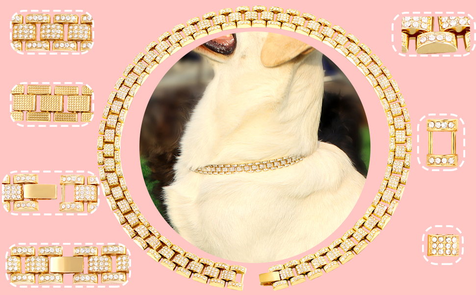 FASDECON Gold Dog Chain Collar Diamond Cuban Collar