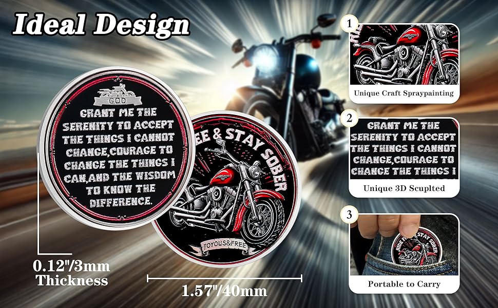 Vintage Red Motorcycle Sobriety Coin Celebrating Recovery with AA Chips and Medallions