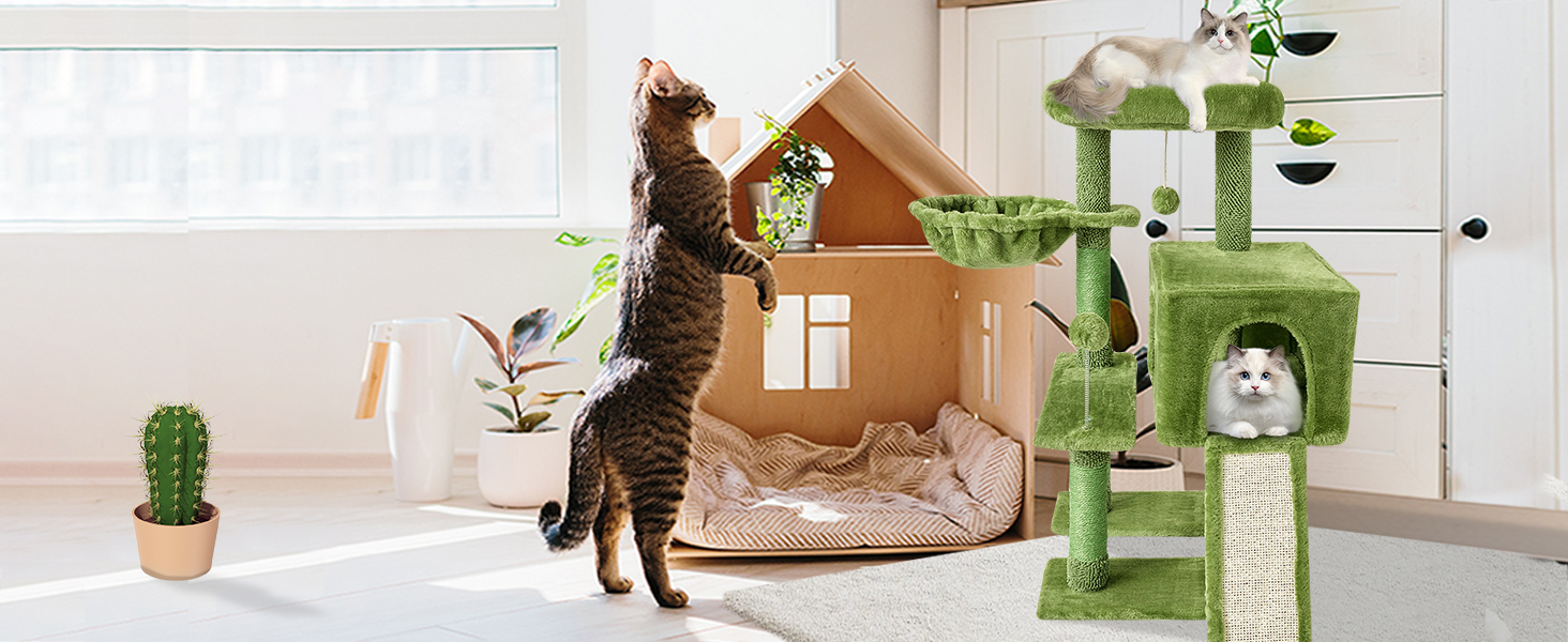 MIAO PAW Green Cute Cat Tree Tower Hammock for Indoor Cats
