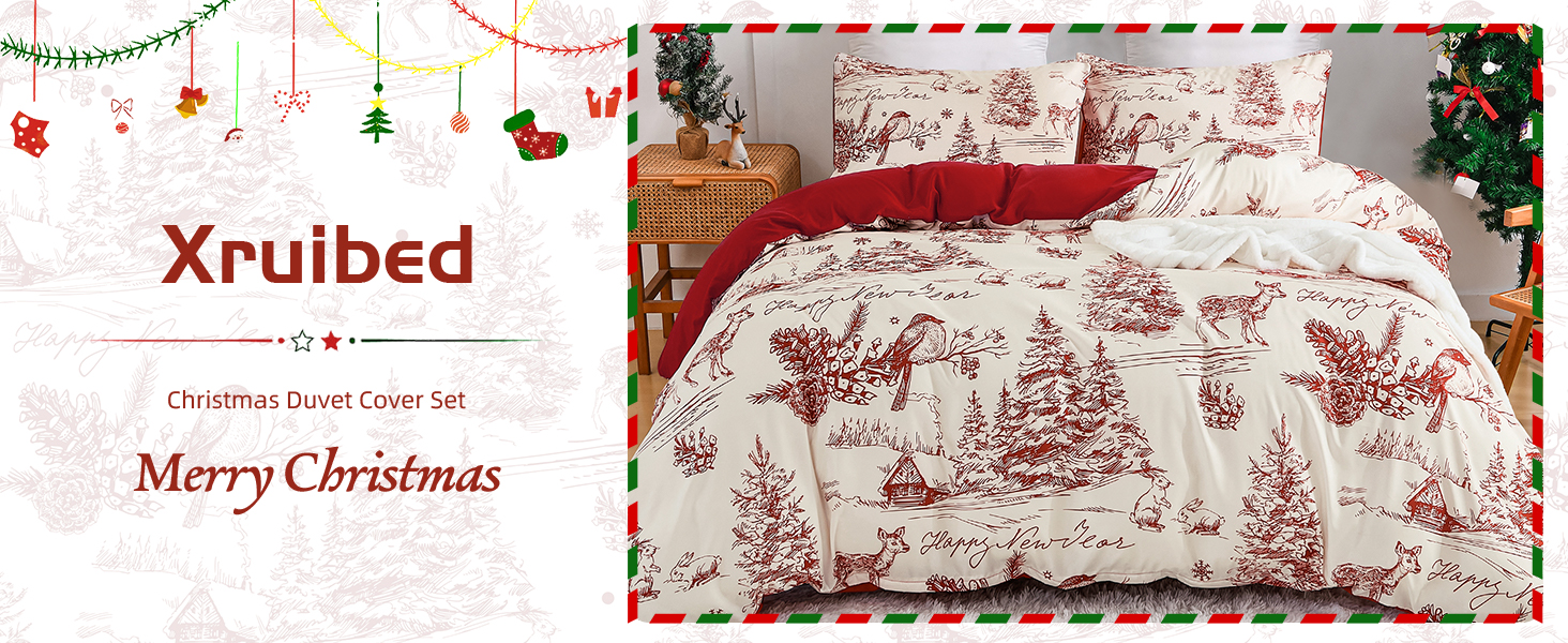 Christmas Duvet Cover King Size, 3PCs Red Village Christmas