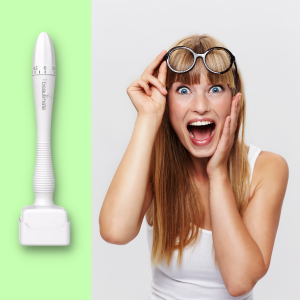 beautimate adjustable derma stamp next to a smiling woman