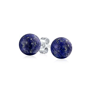 Simple Plain Dark Blue Lapis Lazuli Gemstone Round Circle Ball Stud Earrings For Women For Men .925