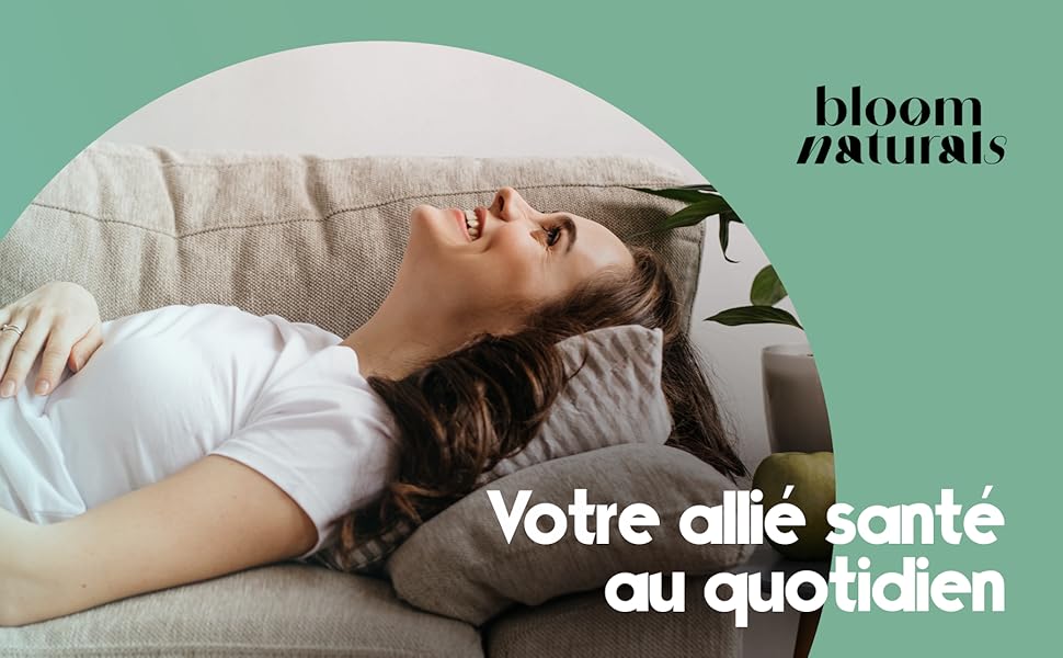 Le texte indique « Bloom Naturals » et « Votre allié santé au quotidien ». La bannière montre des images sur le thème du bien-être sur fond vert menthe.