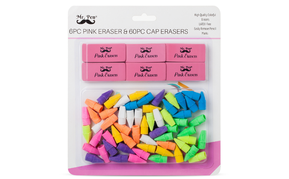 Mr. Pen Pencil Erasers Set, 6pc Pink Erasers and 60pc Pencil Top Erasers, Pencil