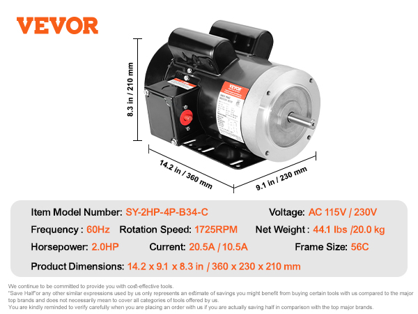 VEVOR 2HP Electric Motor 1725 RPM, AC 115V/230V, 56C Frame