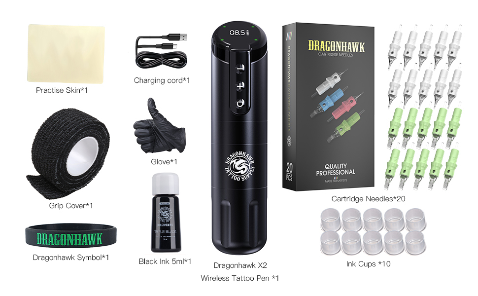 Dragonhawk Practice Tattoo Kit, The X2 Wireless Tattoo Pen, Rotary Tattoo  Machine Gun Kit, Rechargeable Wireless Tattoo Machine Kits