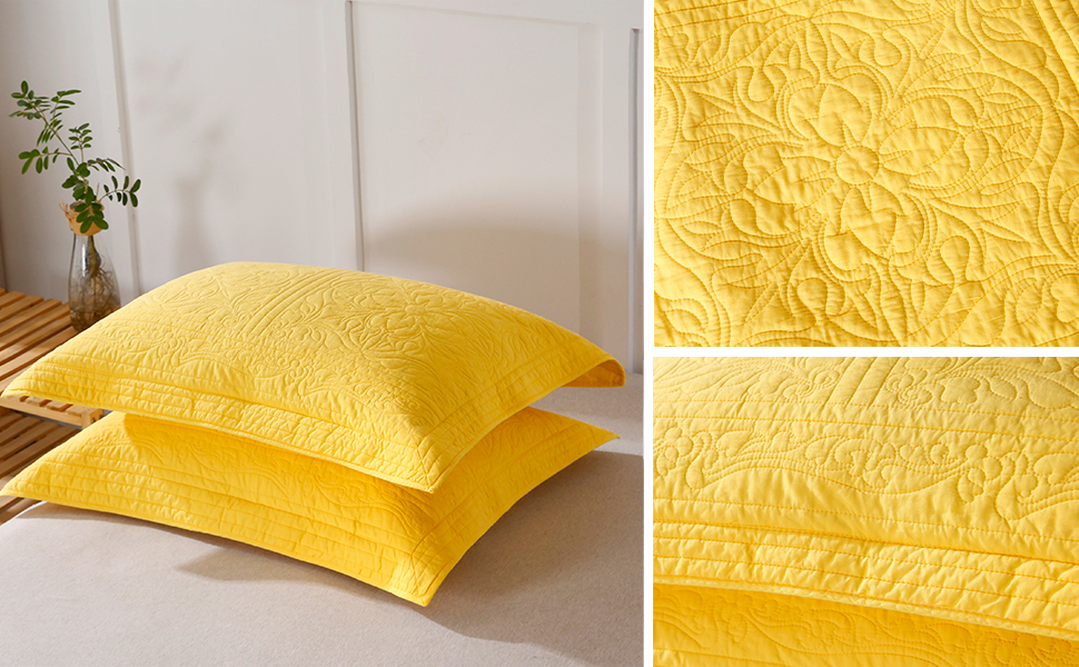 WINLIFE 100 Cotton Quilted Pillow Sham Floral Printed Pillow Cover (Gold/Yellow