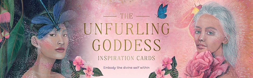 Pink background with title in centre the unfurling goddess