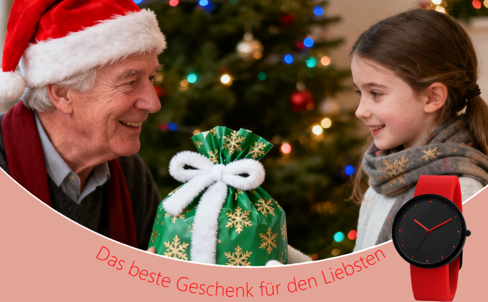 Saisonale Szene, die ein verpacktes grünes Geschenkpaket mit weißer Schleife vor dem Hintergrund eines geschmückten Weihnachtsbaums mit Lichtern zeigt.