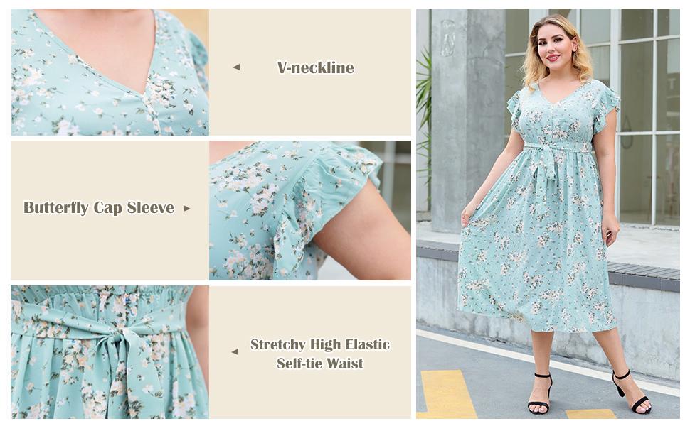 Nemidor Womens Floral Print V-Neck Belted Plus Size Summer Beach Boho Maxi Long Dress