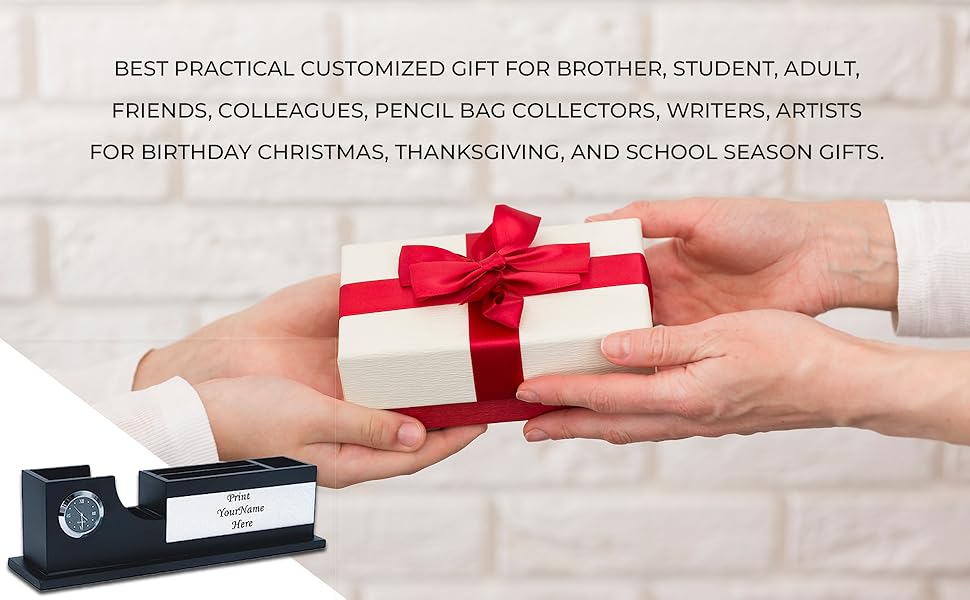 Black Wooden Desk Organizer Clock, Wooden Pen Stand, Mobile Phone Holder, Card Holder,giftSPN-REESC