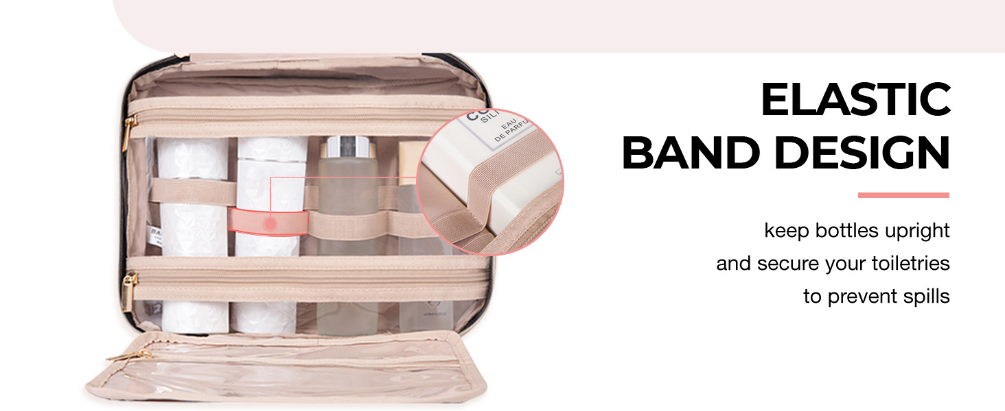 Text reads: 'ELASTIC BAND DESIGN'. Product demonstration showing clear plastic bottle holder or container with elastic band feature.