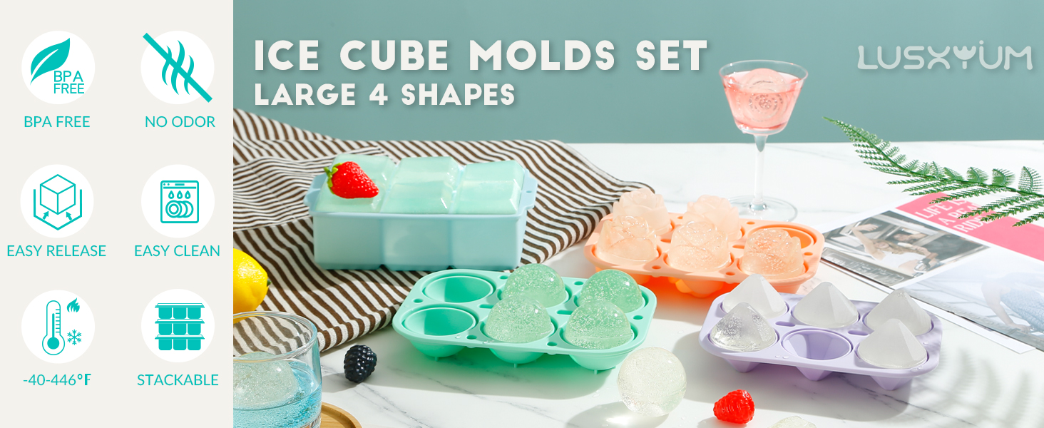 LUSHYUM Large Ice Cube Molds, 3D Silicone 2" Ice Tray 4