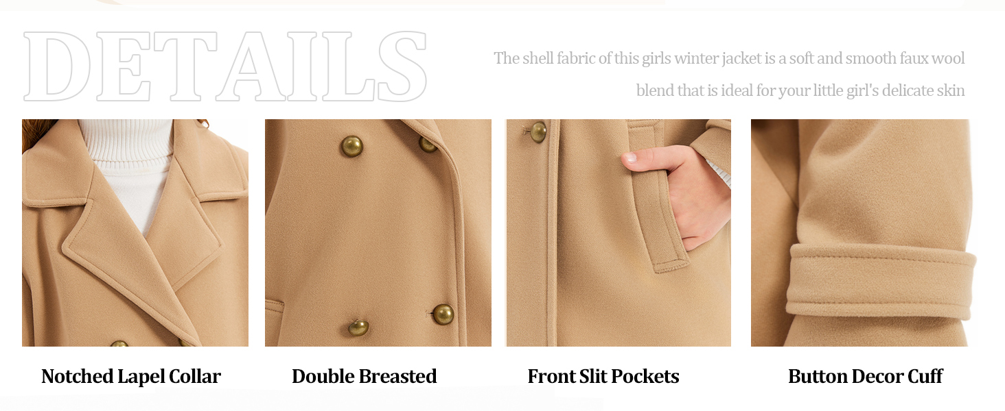 Girls Peacoat Winter Dress Coat Double Breasted Kids Fall Outerwear Jackets with Pockets 3-10 Years