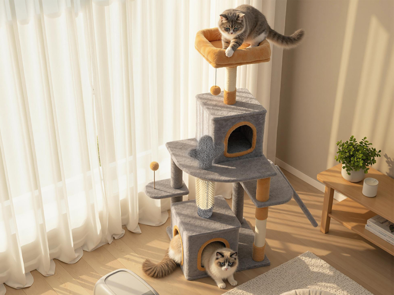 Interior room setting showing a robotic device on carpeted floor near furniture and curtained windows.