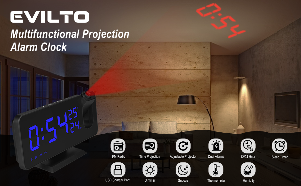 EVILTO Projection Alarm Clock for Bedroom Ceiling Digital Alarm Clock Radio with USB