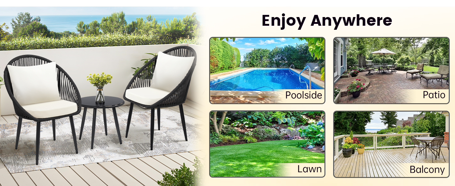 3 Pieces Bistro Set, Woven Rope Chair with Cushions, All Weather Conversation Set and Side Table