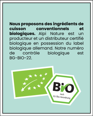 affichant des logos et du texte biologiques/biologiques en français, y compris un logo européen en forme de feuille biologique et un symbole de certification biologique allemand