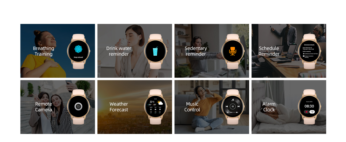 Collection of smartwatch screens displaying various functions including weather, heart rate, sleep tracking, and fitness metrics against different backgrounds.