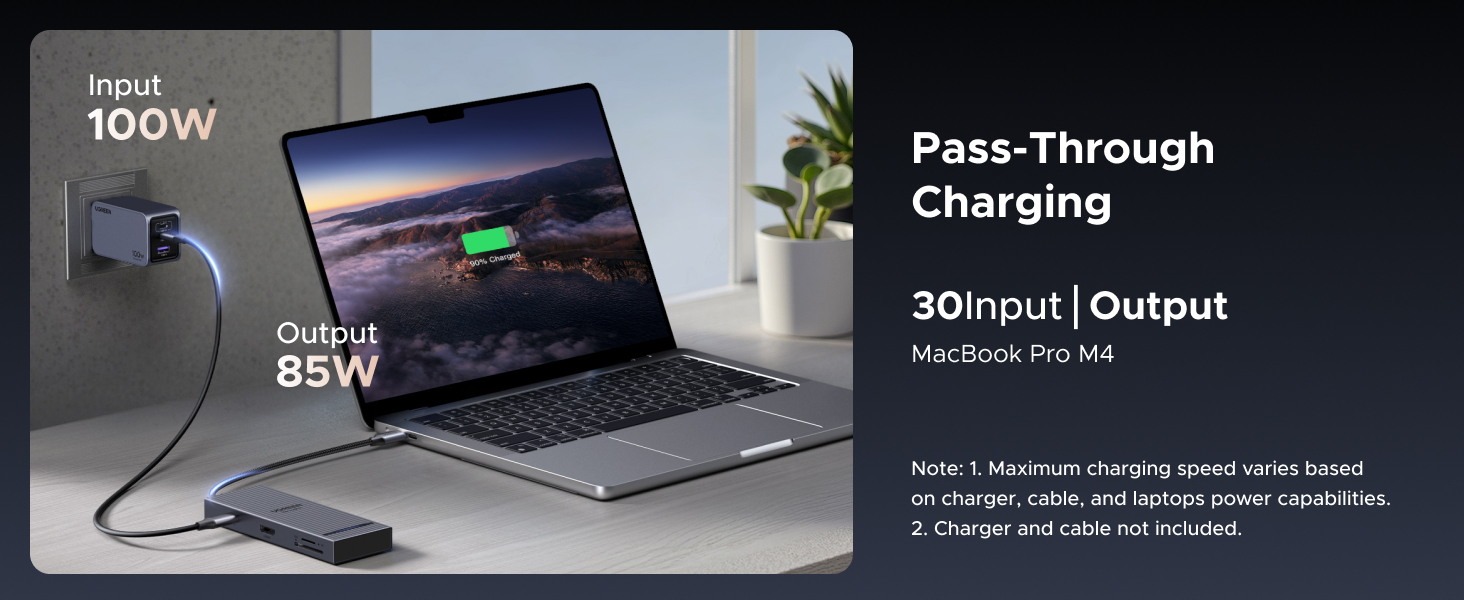 Wall charger with 100W input and 85W output, demonstrating pass-through charging capability for a MacBook Pro M2. Shows laptop displaying sunset beach scene with battery indicator.