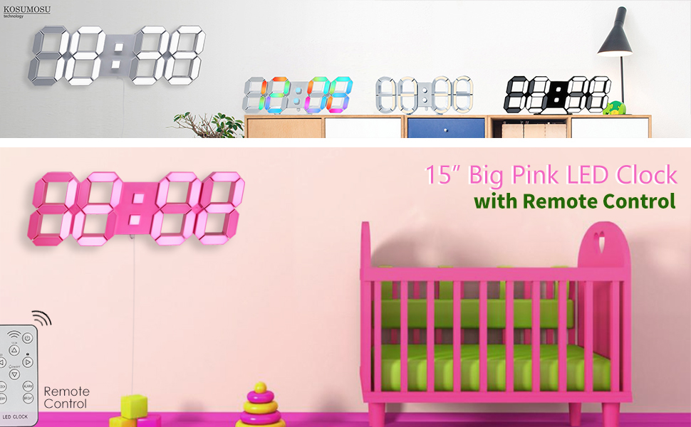 KOSUMOSU 15" pink digital wall clock