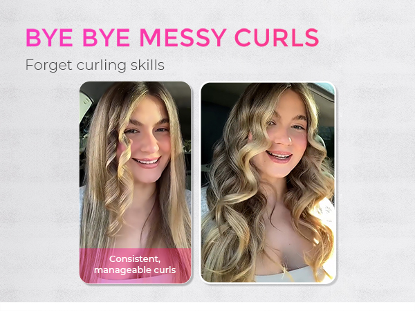 Advertisement for hair styling product showing before and after images of blonde hair, transforming from straight to wavy curls. Text reads 'BYE BYE MESSY CURLS' and 'Forget curling skills'.
