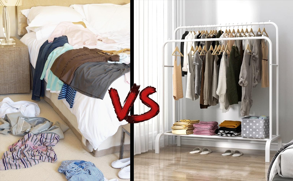 large capacity cloth rail double rod design freestanding garment rack for clothes shoe rack bedroom