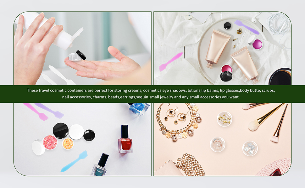 These travel cosmetic containers are perfect for storing creams, cosmetics,eye shadows, lotions