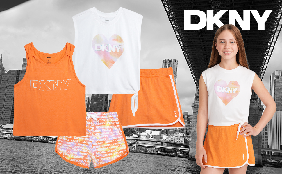 DKNY Girls Short Sets,4 Piece Short Sleeve Shirt, Athletic Tank Top, Dolphin Shorts and Tennis Skirt