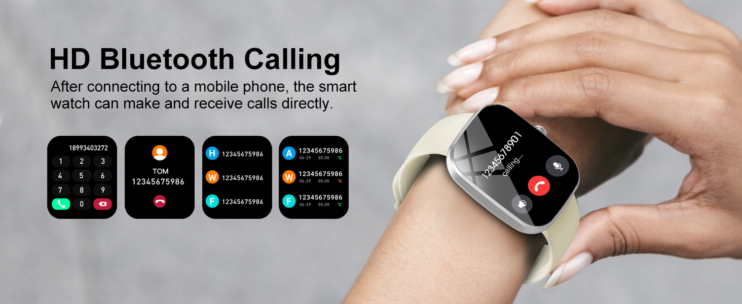 수신 전화 인터페이스 및 알림을 보여주는 여러 화면으로 Bluetooth 통화 기능을 보여주는 스마트 시계 인터페이스.