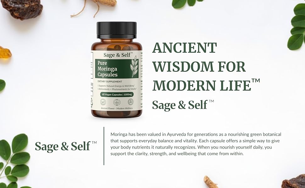 Pure Moringa Capsules bottle with leaves, showcasing natural Ayurvedic herbal supplement.