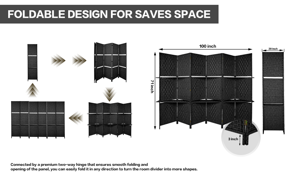 Room Divider with Shelves, 6 Panel Room Dividers and Folding Privacy Screens