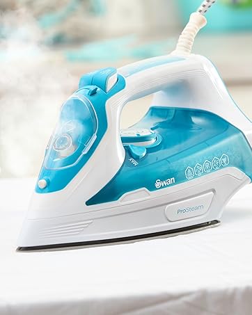 Series of images showing an iron in use, demonstrating ironing technique on blue fabric against white surface.