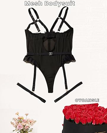 Women's Plus Size Ring Linked Cut Out Sheer Mesh Teddy Bodysuit Garter Lingerie Set