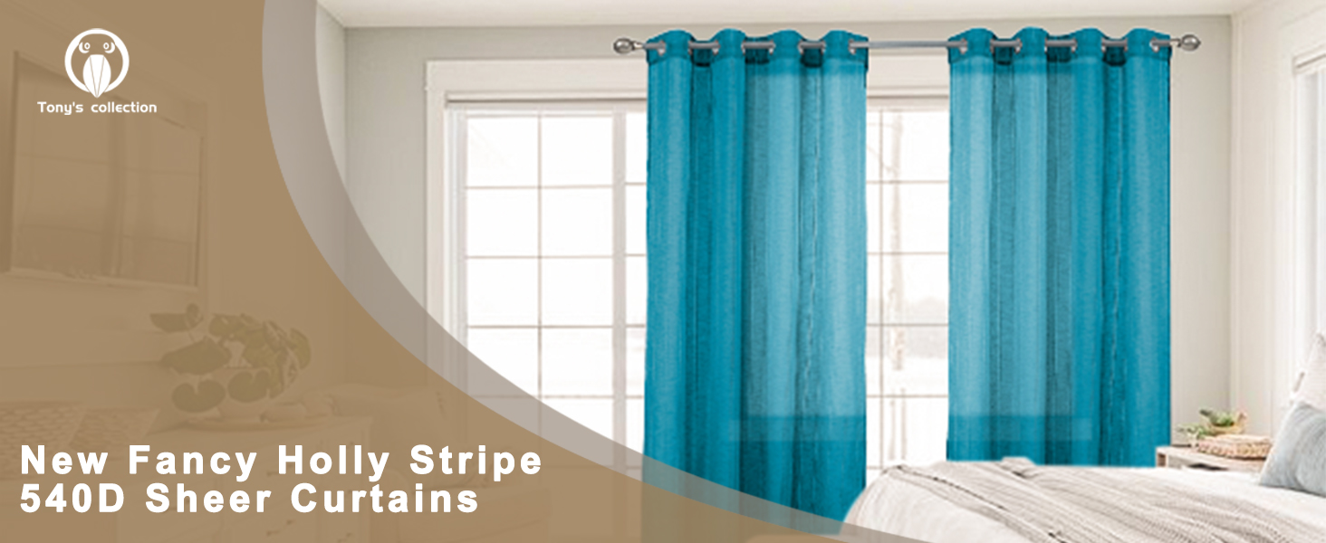Tony's collection Teal Sheers 95 Inches Long, Fancy Holly Stripe for Living Room