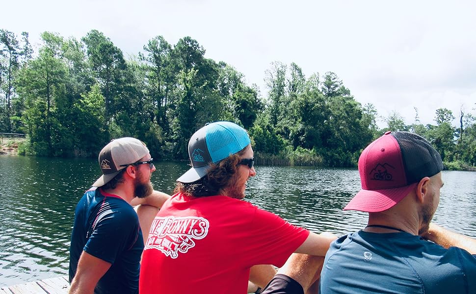 Brown Blue and Red ThreadBound Mountain Bike Trucker Hats Lifestyle Three Guys