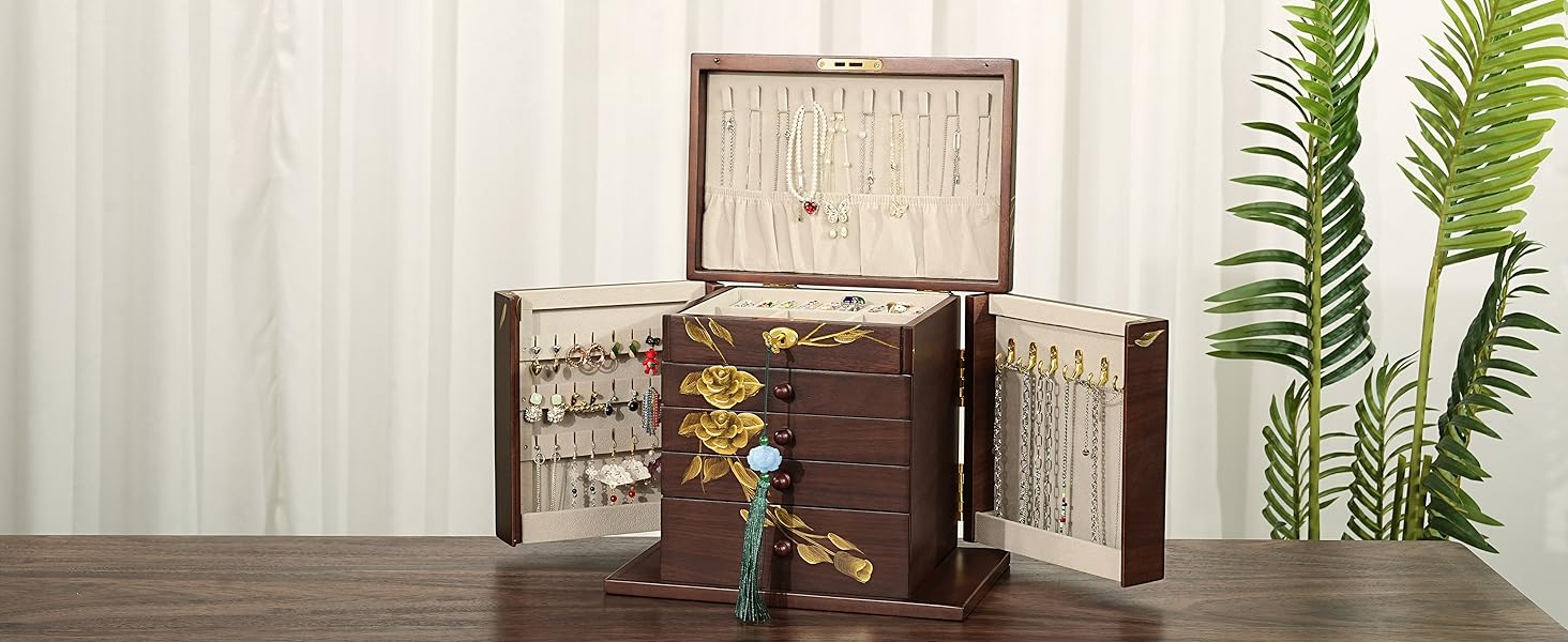 Fully Lockable Hand-Painted Solid Wood Large Capacity Jewelry Box