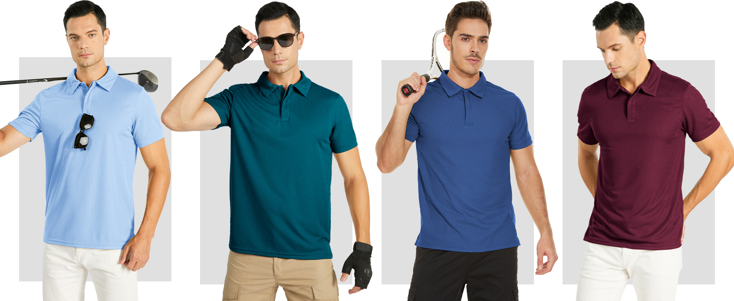 Vier Männer tragen Poloshirts in verschiedenen Farben: hellblau, blaugrün, königsblau und weinrot. Die Hemden haben kurze Ärmel und Kragen